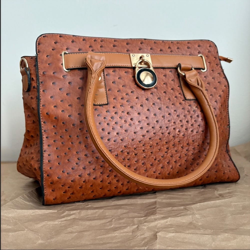 Faux ostrich brown leather handbag